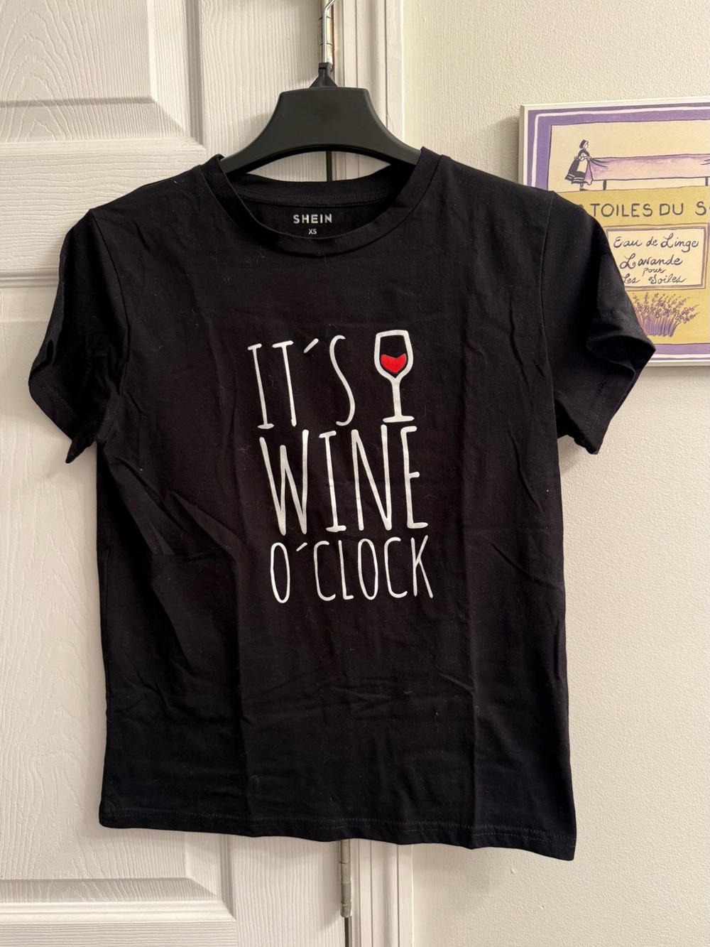 SHEIN Black Graphic Tee with Red Wine Glass Accent